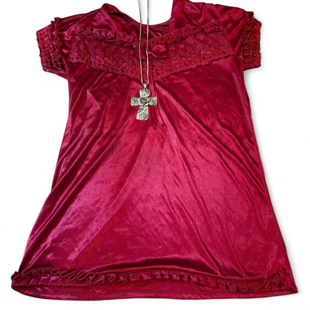 Red Satin Dress with Cross Necklace